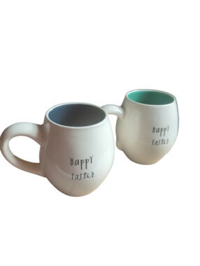 2 Rae Dunn Happy Easter Coffee Cup Mugs Navy/Green Striped Egg Collection 16oz